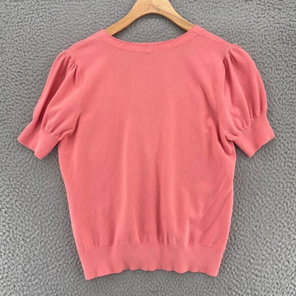 LOFT Sweater Womens Medium Pink Rose Detail Cardigan Short Puff Sleeve Button Up - Picture 3 of 9